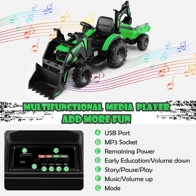 3-in-1 Kids Ride on Tractor Excavator Bulldozer, 12V Battery Powered RC Construction Vehicle with Trailer