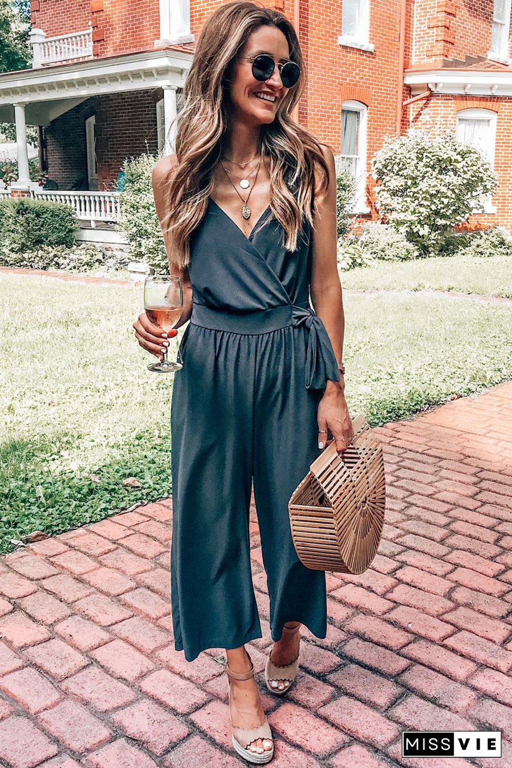 Black Surplice V Neck Wide Leg Jumpsuit