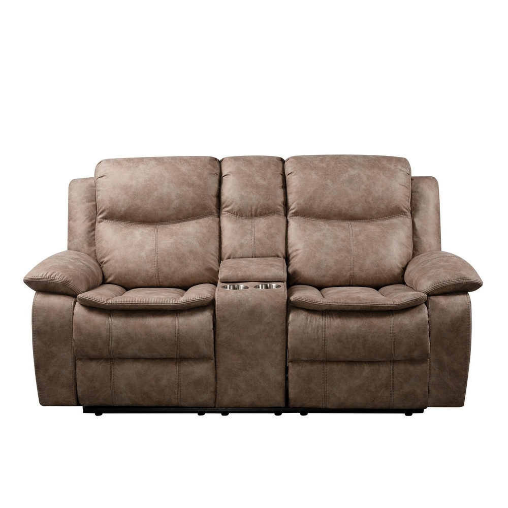 Roundhill Furniture Ensley Faux Leather Reclining Sofa and Loveseat in Sand Finish