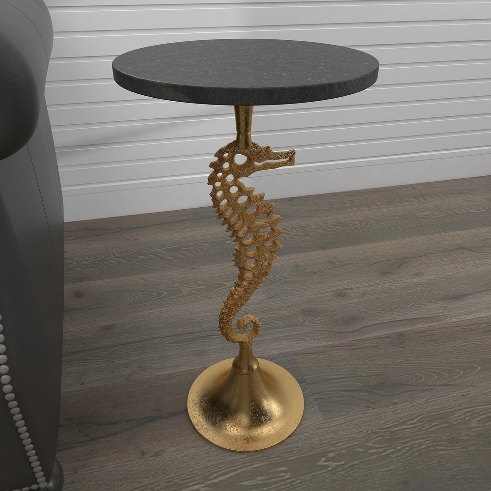 Gold Aluminum Sea Horse Accent Table with Black Marble Table Top   13 x 13 x 25Round