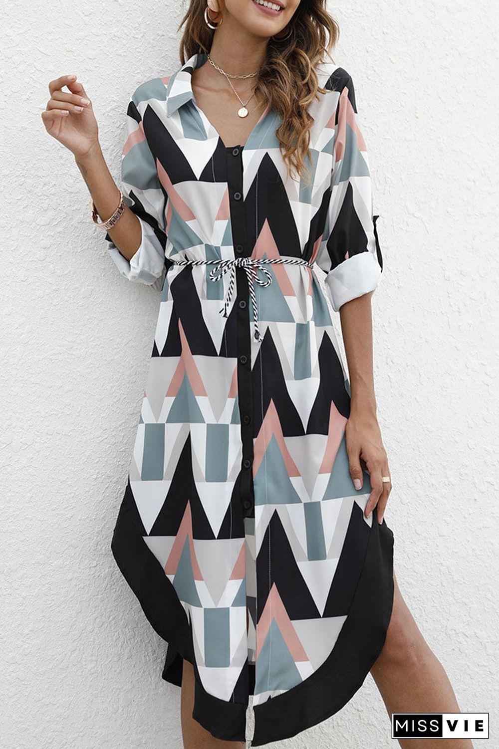 Fashion Street Print Turndown Collar Irregular Dresses(3 Colors)