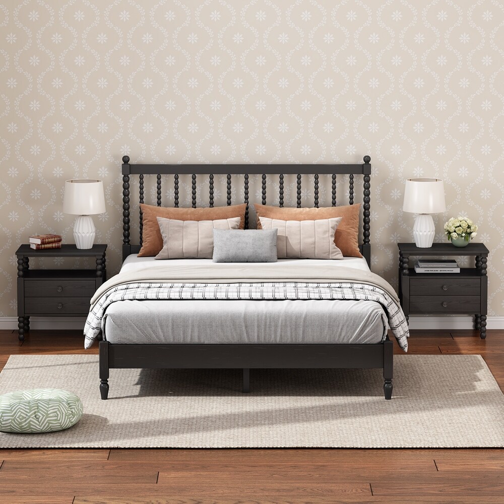 3 Pieces Bedroom Sets King Size Wood Platform Bed with Gourd Shaped Headboard with 2 Nightstands