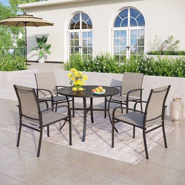 MAISON ARTS 5Piece Patio Dining Set，Geometrically Stamped Round Table and 4 Textilene Dining Chairs