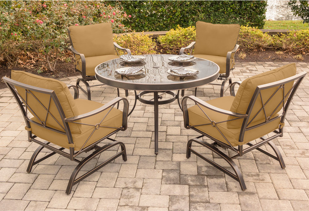 Summer Nights 5 Piece Dining Set  Four Cushioned Rockers  47 quotTable   Transitional   Outdoor Dining Sets   by Buildcom  Houzz