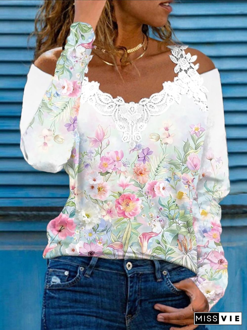 Casual Floral Long Sleeve V Neck Printed Tops T-shirts