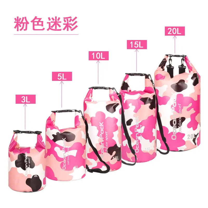 Customized Logo Design 500D PVC Camo Color 2L 3L 5L 10L 15L 20L 30L Waterproof Water Resistant Hiking Dry Tube Backpack Bags