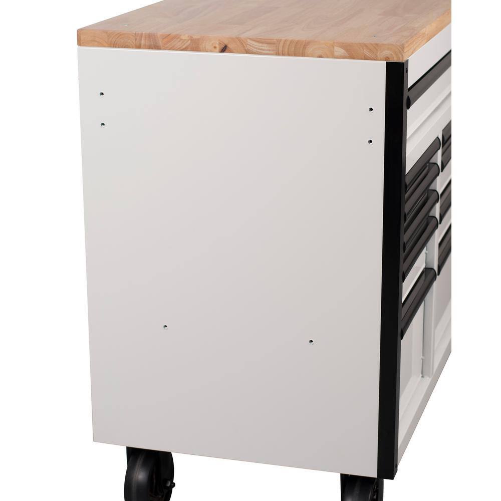 Husky 61 in. W x 23 in. D Heavy-Duty 15-Drawer Mobile Workbench Tool Chest with Solid Wood Top in White H61MWC15GWHD