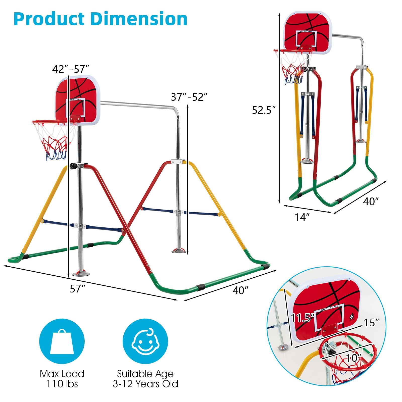 Costzon Kids Gymnastics Bar with Basketball Hoop