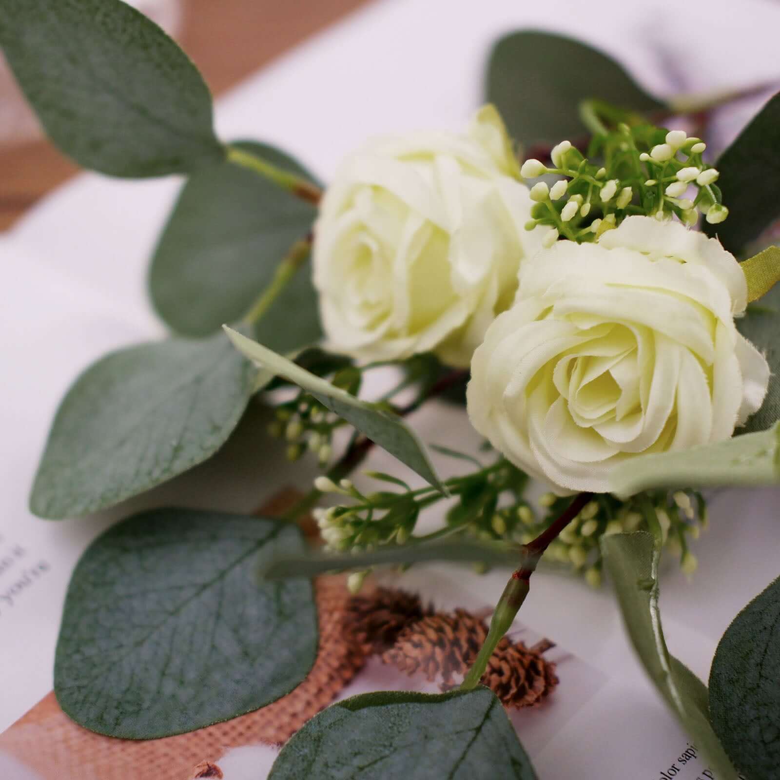 Ivory Artificial Silk Rose and Eucalyptus Flower Bouquet Arrangement 15