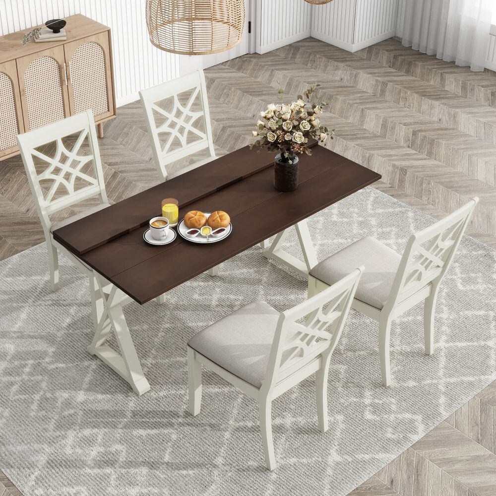 5 Piece 62x35.2inch Extendable Rubber Wood Dining Table Set with X shape Legs