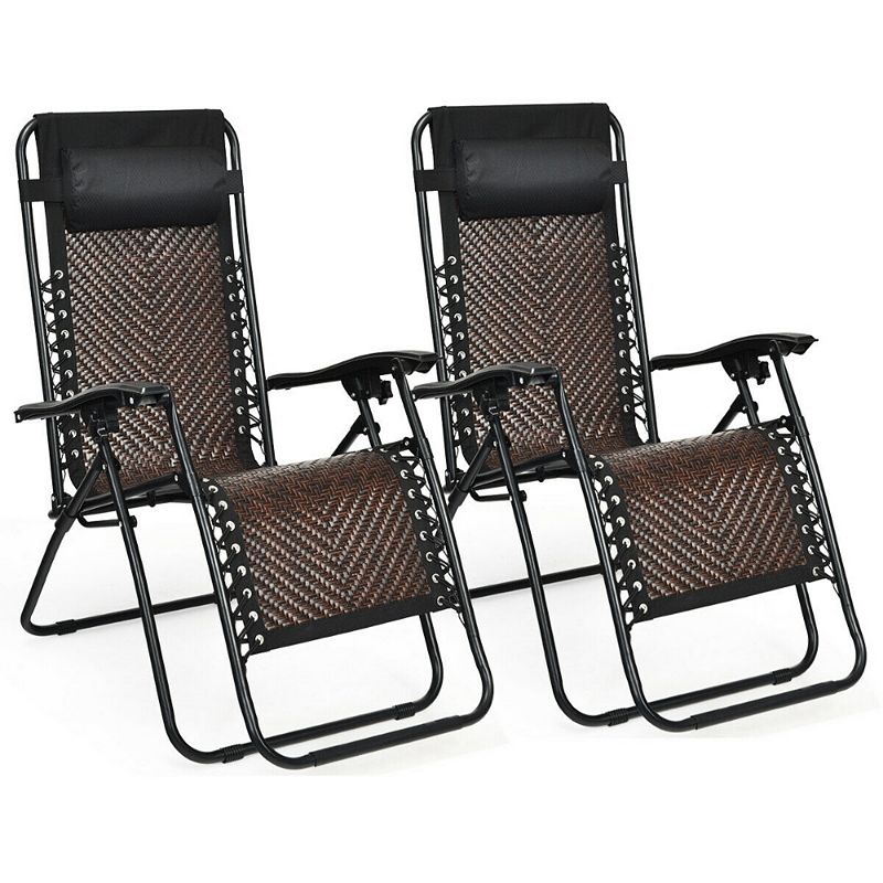 2 Pieces Folding Patio Rattan Zero Gravity Lounge Chair