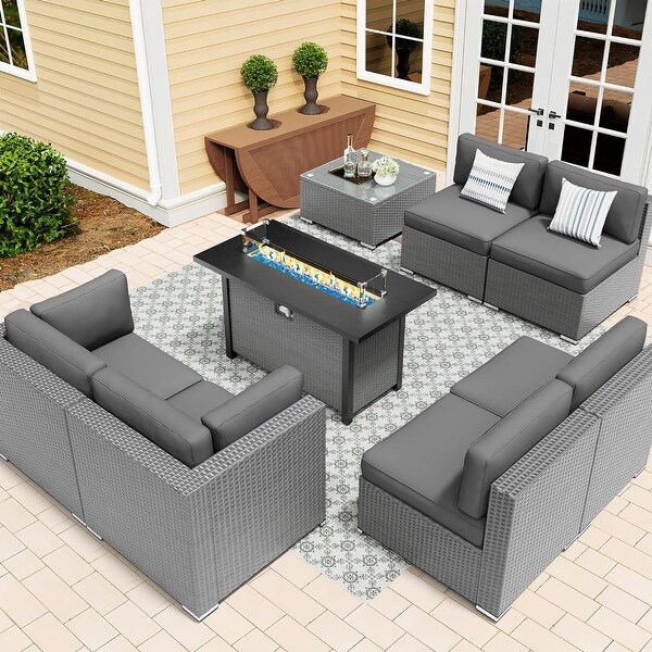 8Piece Outdoor Patio Furniture Grey Wicker Sectional Sofa Set with Fire Pit Table