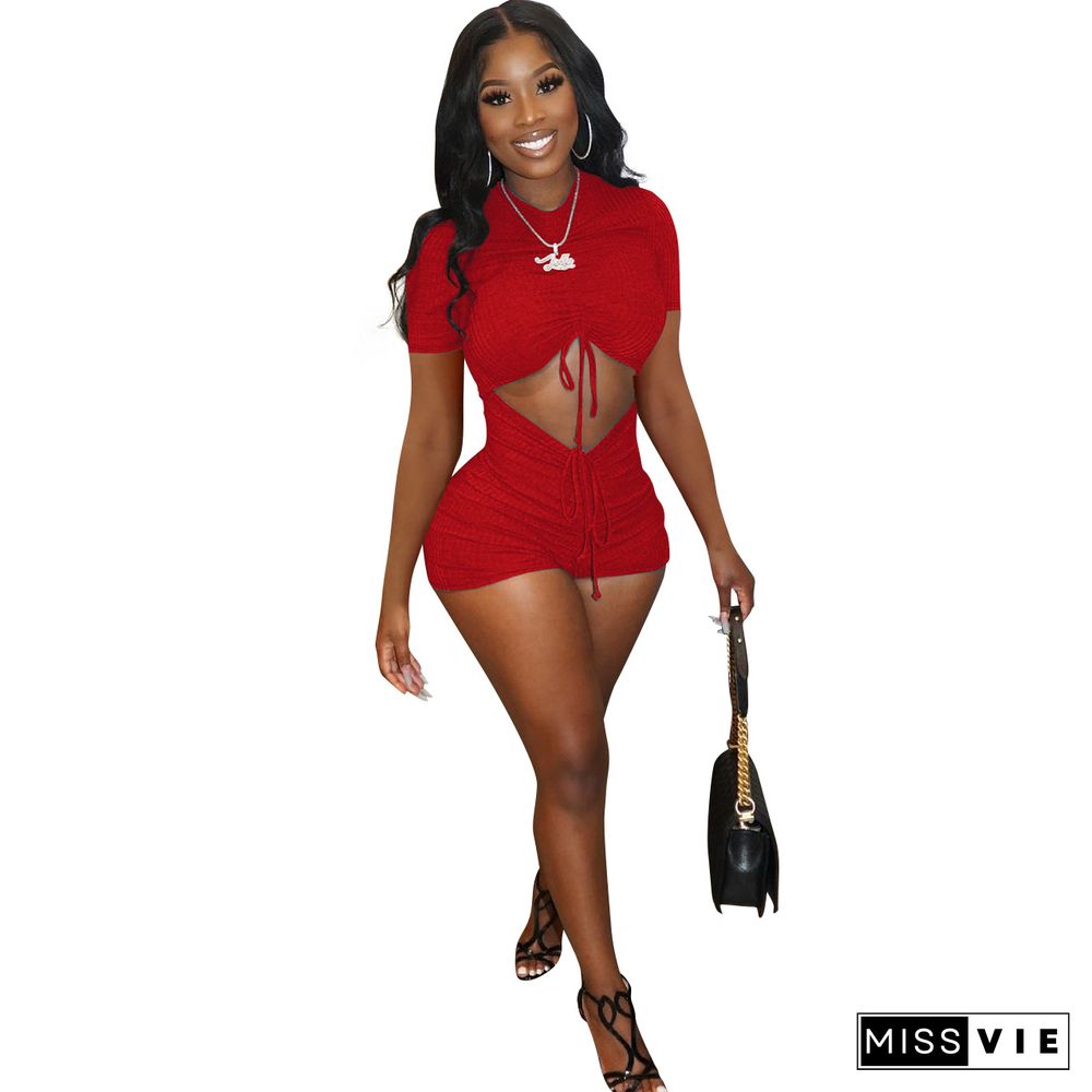 Sexy Solid Color Short Sleeve Waist Hollow Out Ruched Drawstring Lace Up Clubwear Bodycon Women Romper