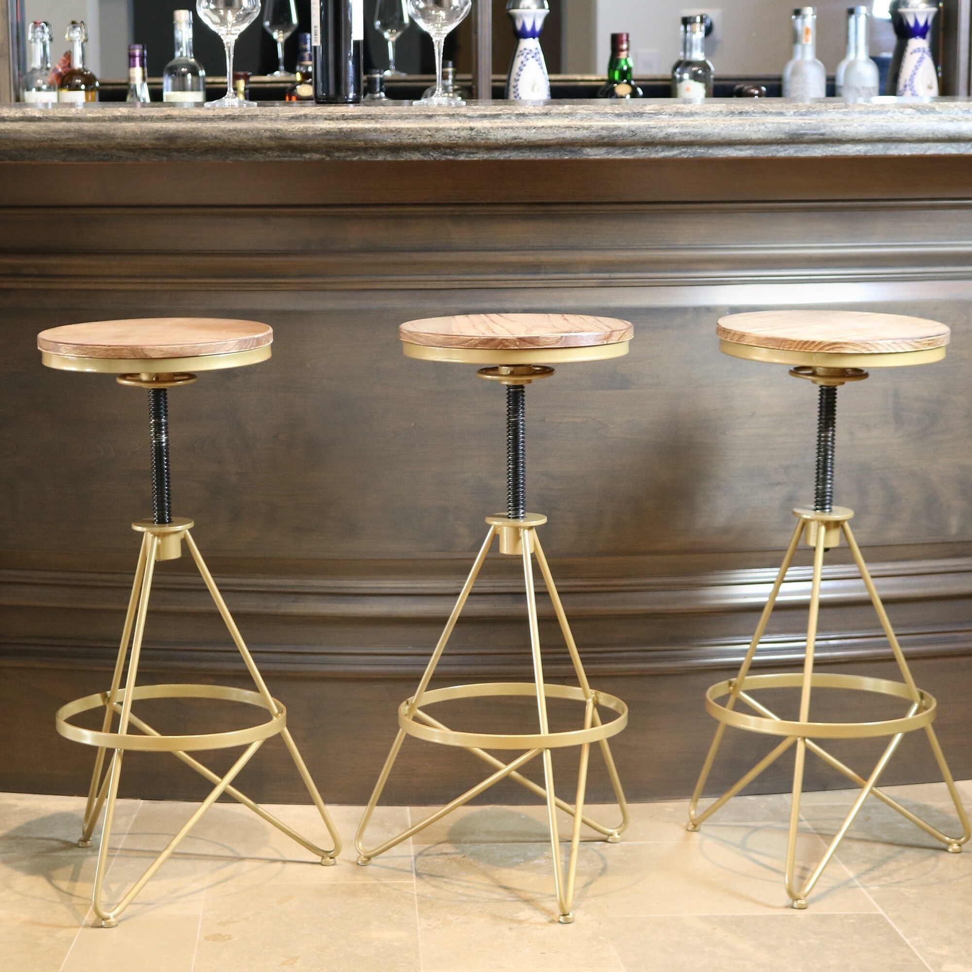 Seeken Weathered Wood and Gold Adjustable Bar Stool