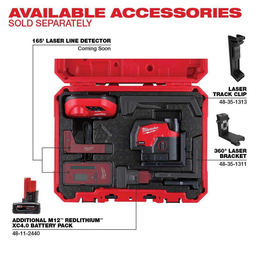 MW M12 12-Volt Lithium-Ion Cordless Green 125 ft. Cross Line and Plumb Points Laser Level Kit with Laser Detector 3622-21-48-35-1211