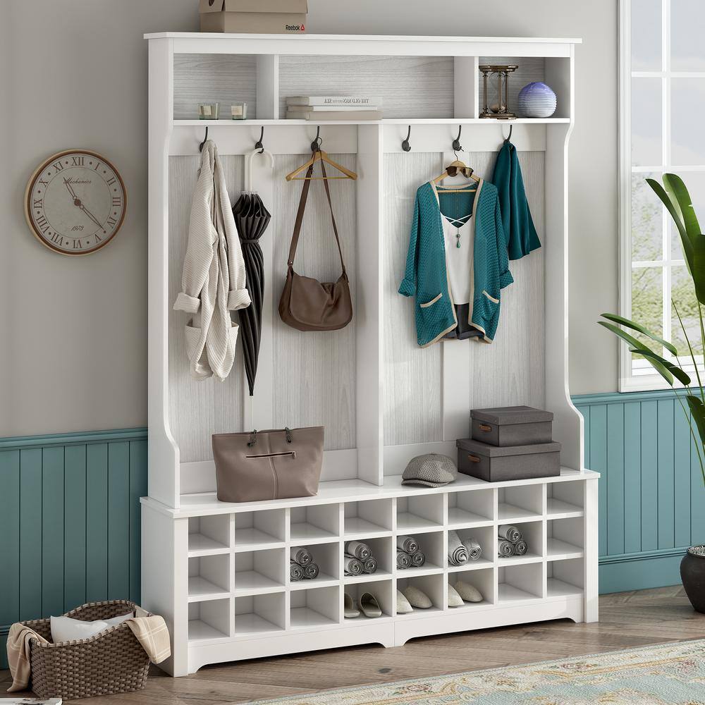 Asucoora Angelique White 60 in. W x 77 in. H Hall Tree with Storage Shelf and Shoe Cubbies TDTS983WH