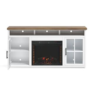 Bridgevine Home 74 in. Fully Assembled White and Brown TV Stand with Electric Fireplace Fits TV's up to 85 in. HT5110.BJW