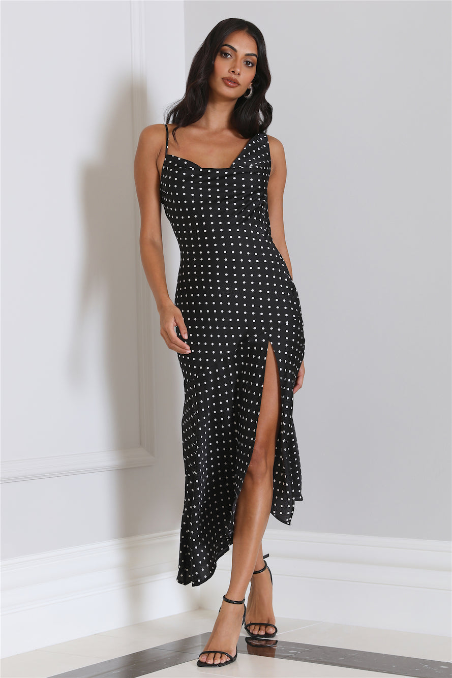 HELLO MOLLY Dotted Moment Satin Polka Dot Midi Dress Black