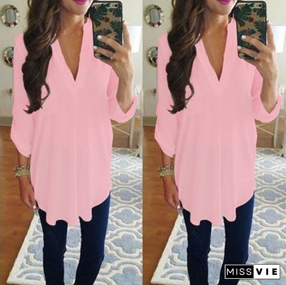 Plus Size S-8XL Women's Fashion Casual Chiffon Tops V-neck Solid Color Ladies Sexy Long Sleeve Shirt Loose Tops T Shirt Blouse