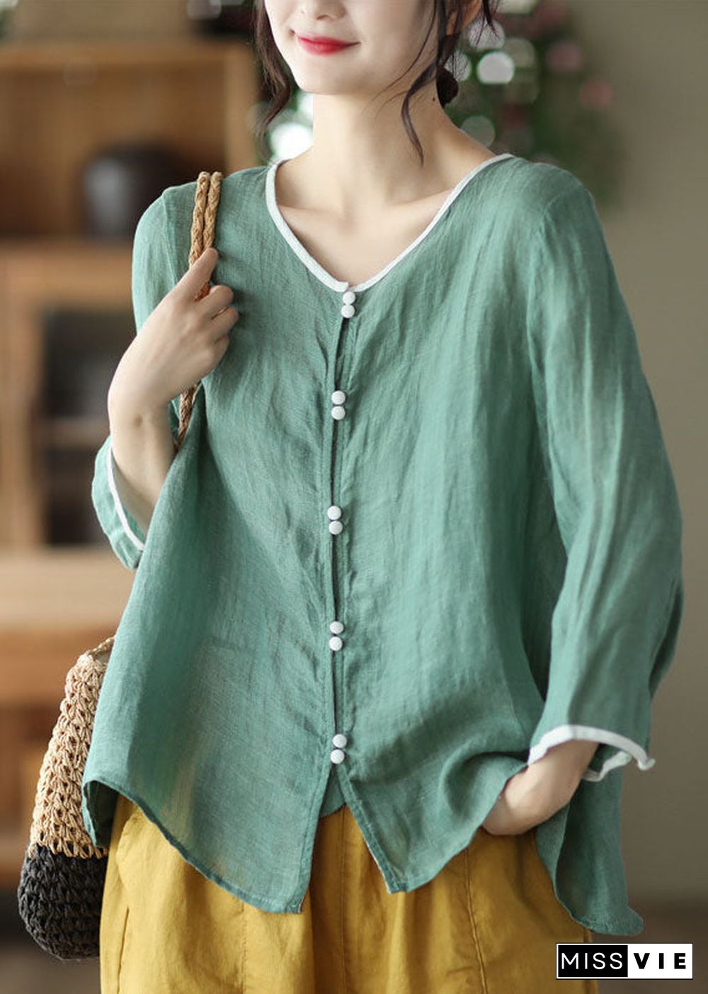 Elegant White O Neck Patchwork Linen Blouses Summer