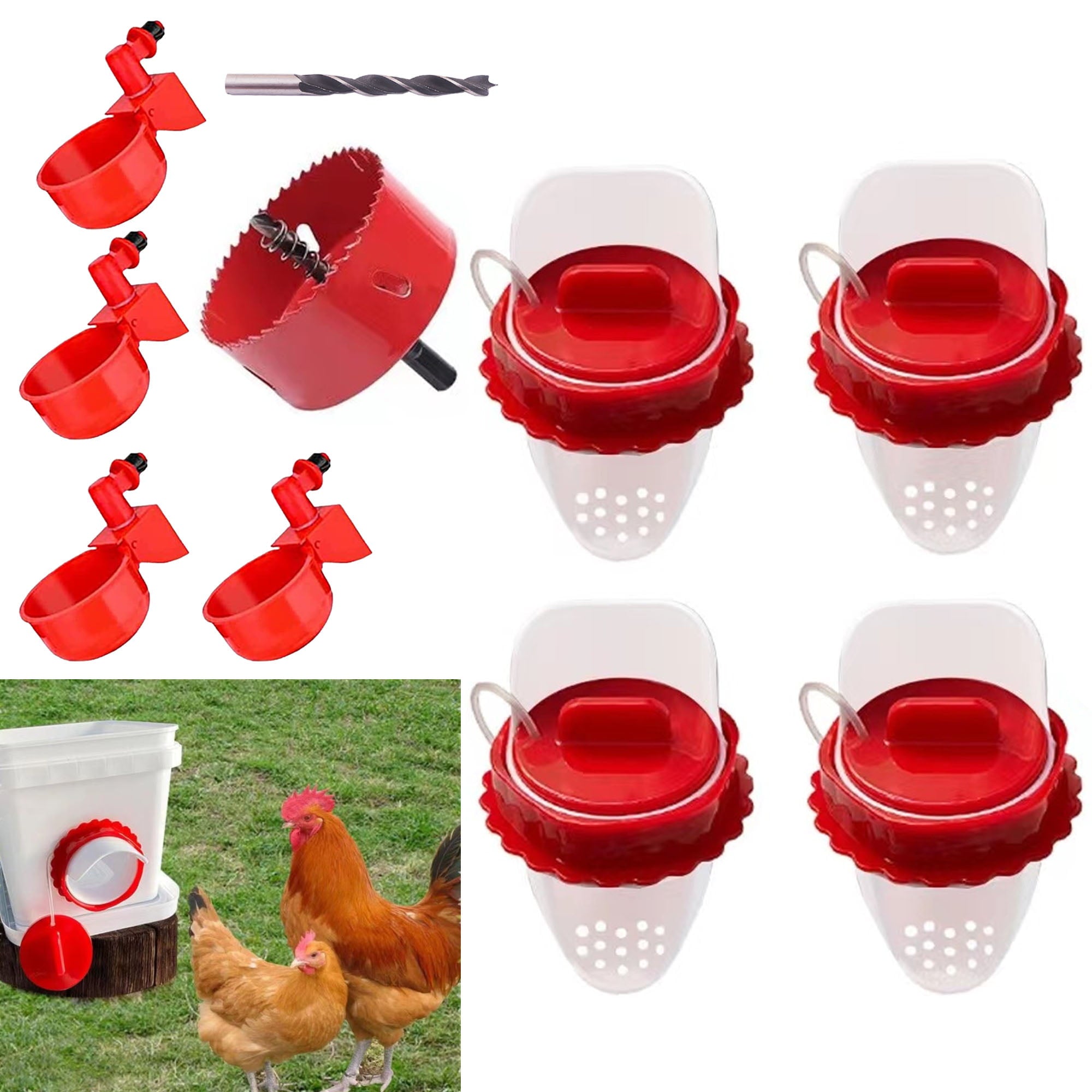 DIY Chicken Feeders No Waste and Waterer Set 4 Ports with 4 Chicken Water Nipples，Rodent Proof Rain Proof Automatic Poultry Chicken and Duck Feeder Kit for Buckets，Barrels，Bins，Troughs 1PCS