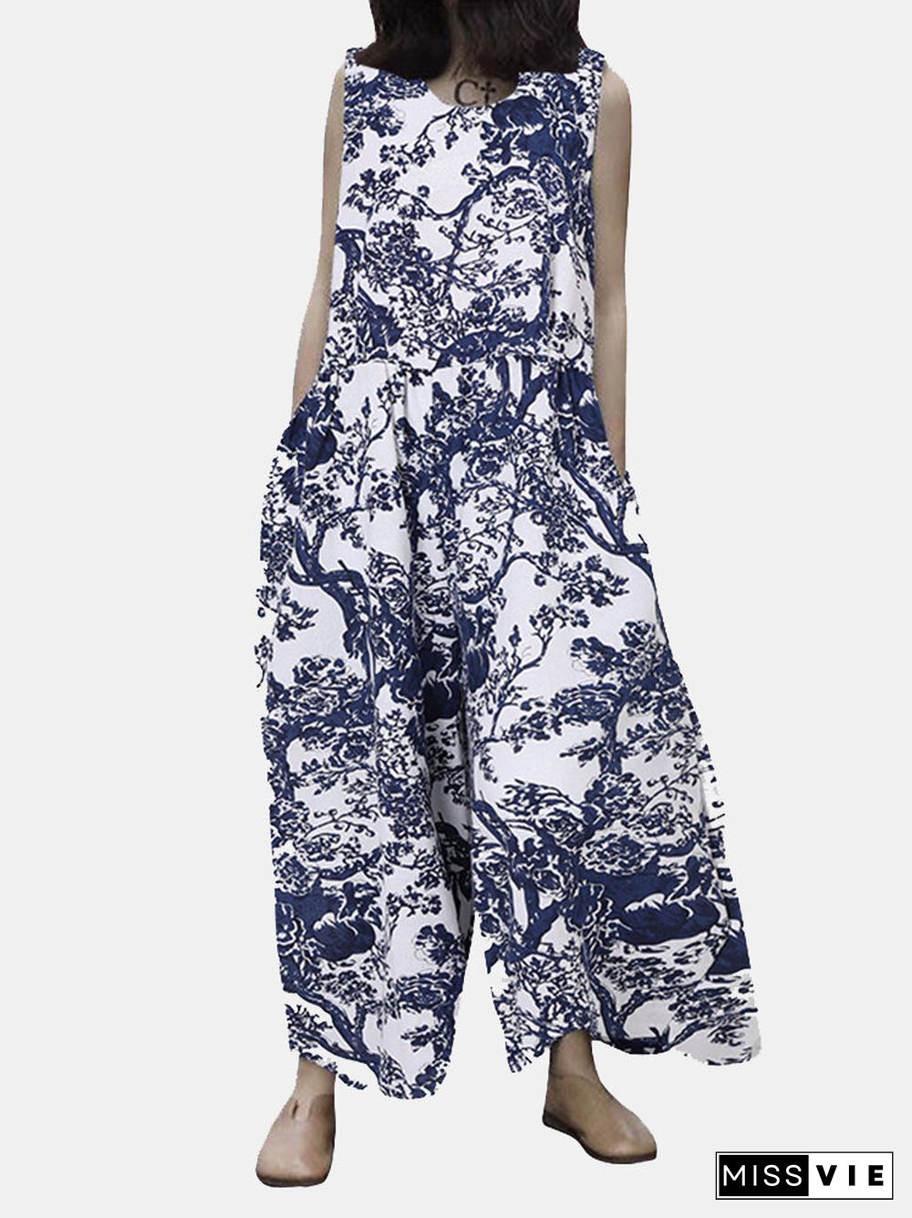 Plant Print Pocket Sleeveless Wide Leg Casual Jumpsuit