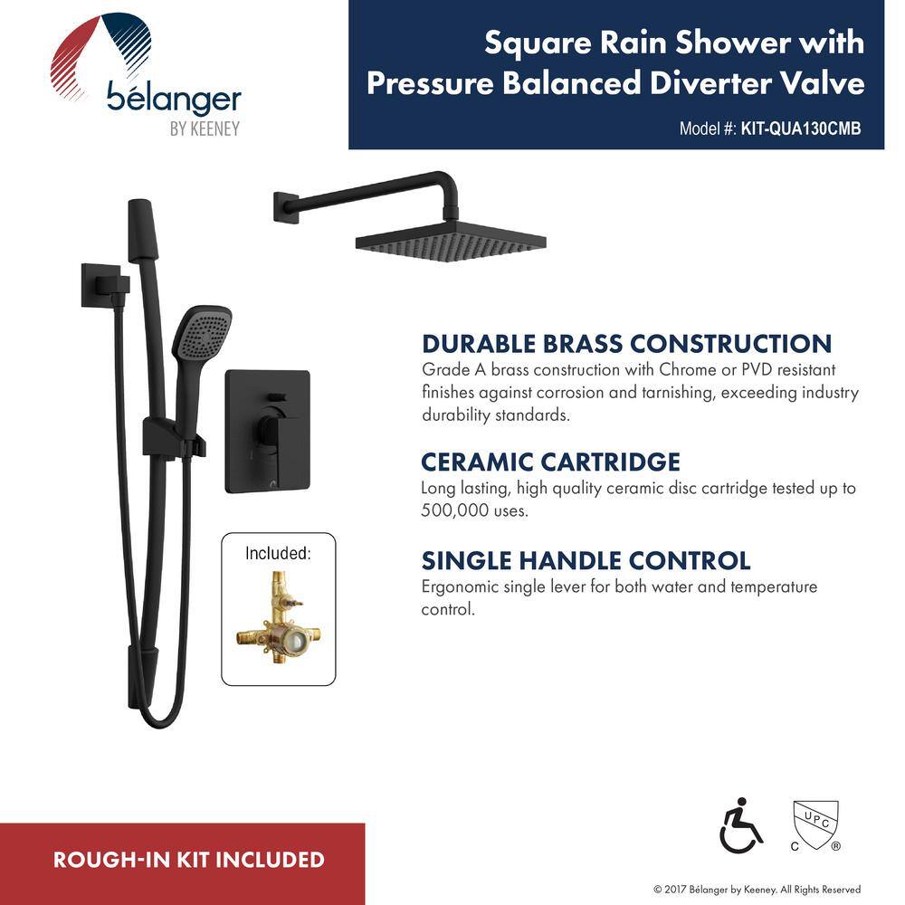 KEENEY Belanger 1-Spray Square Hand Shower and Showerhead from Wall Combo Kit with Slide Bar and Valve in Matte Black KIT-QUA130CMB