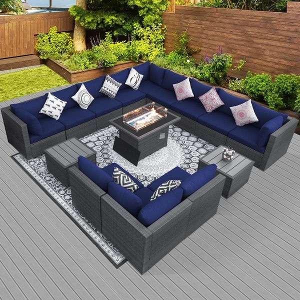 Nicesoul Outdoor Grey Wicker Sectional Furniture Patio Sofa Set with Firepit Table