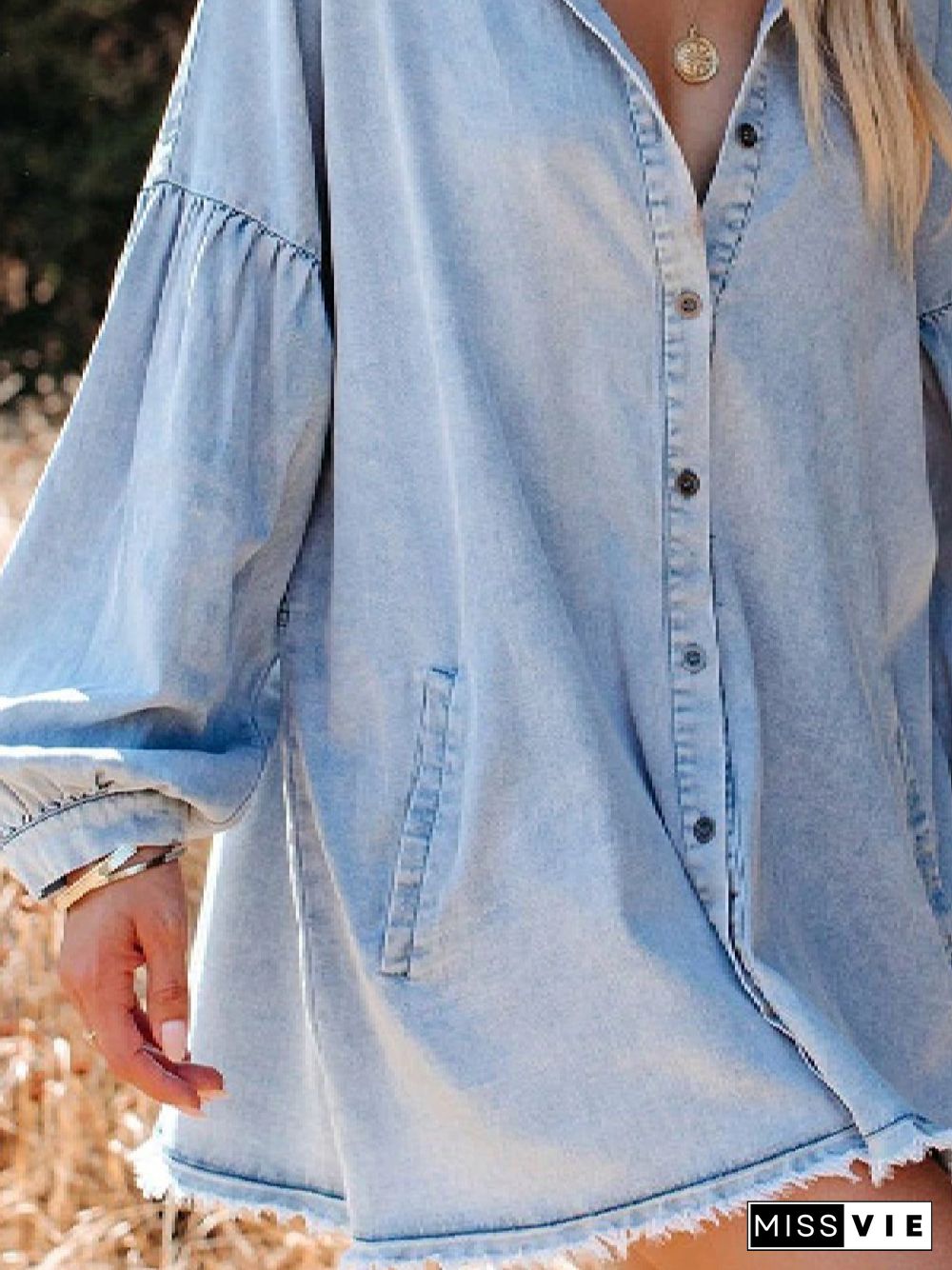 Casual Solid Shirt Collar Denim Long Sleeve Weaving Dress