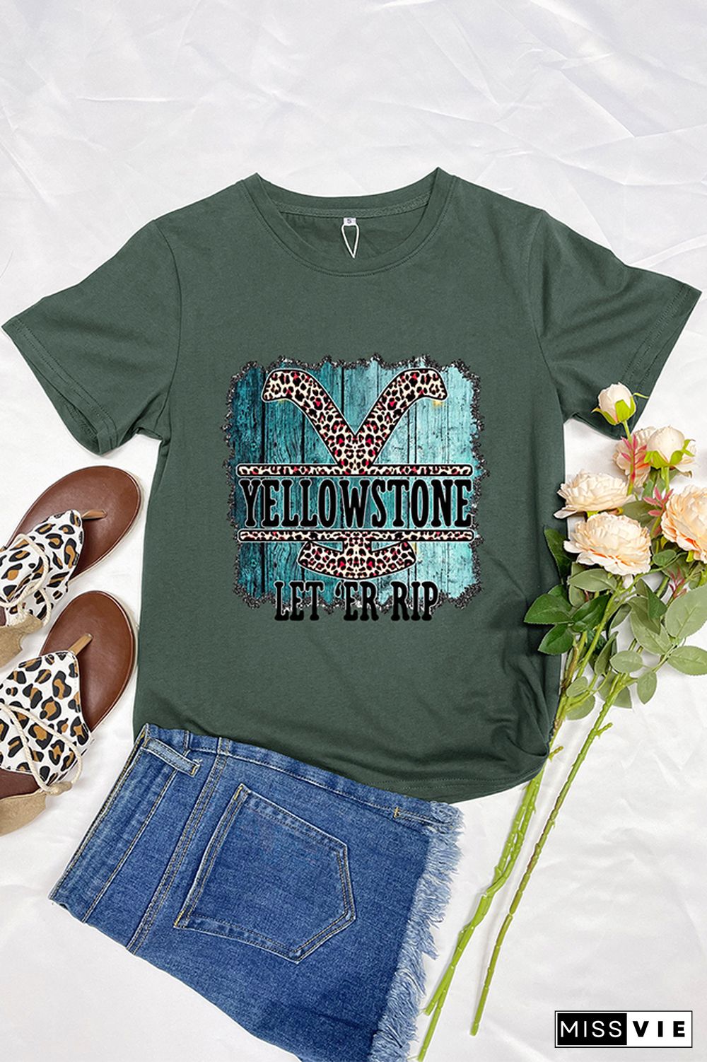 YELLOWSTONE Print Graphic Tees for Women Wholesale Short Sleeve T shirts Top