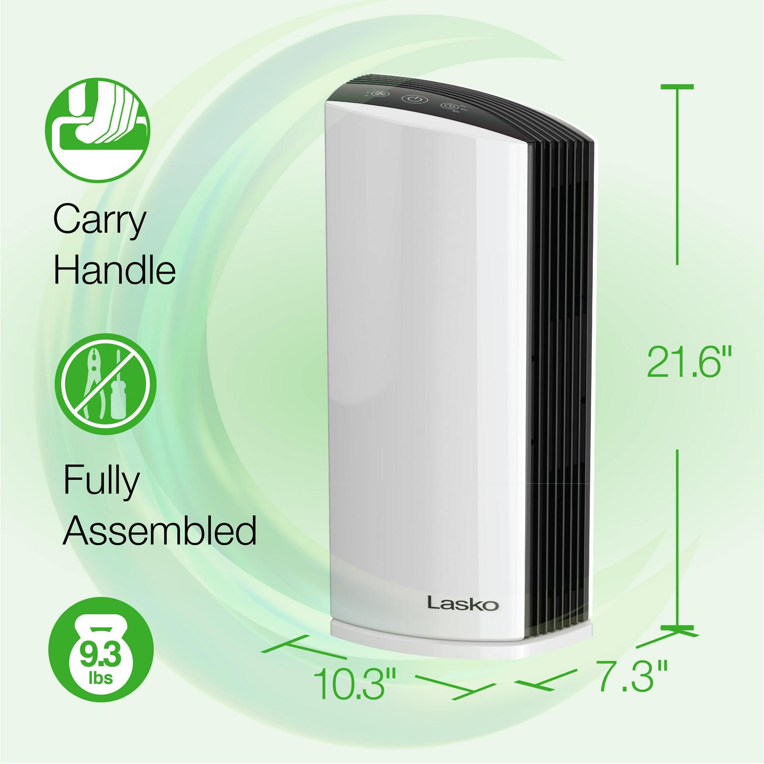 Lasko LP300 HEPA Tower Air Purifier with Timer for a Cleaner， Fresher Home Environment， LP300， White