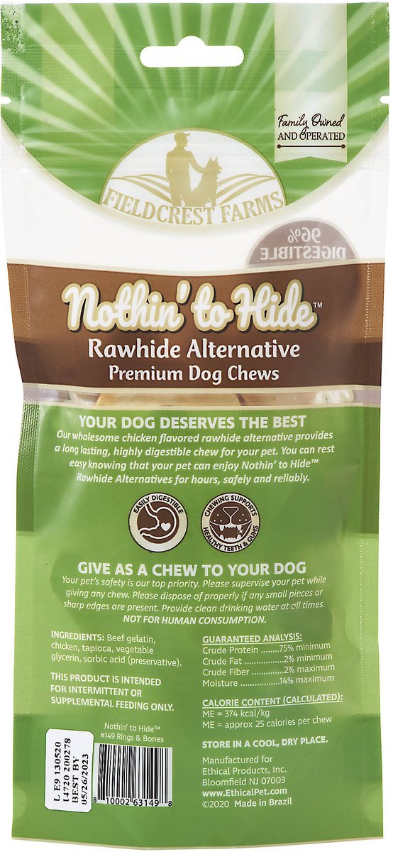 Fieldcrest Farms Nothin' To Hide Rawhide Alternative Premium Dog Chews Rings and Bones Chicken Flavor Natural Chew Dog Treats， 12 count