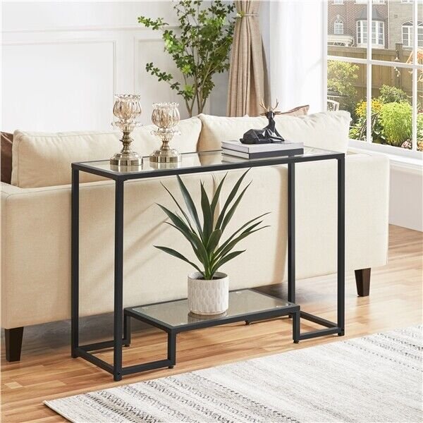 Modern 2-Layer Tempered Glass Console Table for Entryway Hallway Porch Kitchen