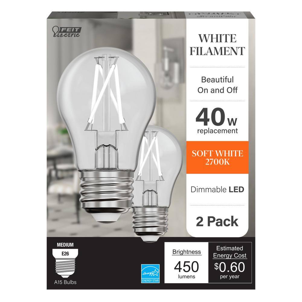 Feit Electric 40-Watt Equivalent A15 Dimmable White Filament CEC Clear Glass LED Ceiling Fan Light Bulb Soft White 2700K (2-Pack) A1540927CAWFILHDRP2