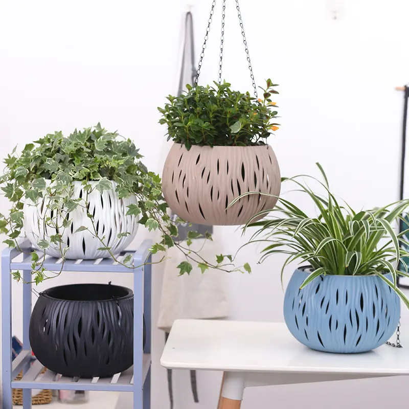 China factory garden supplies plastic hollow carved hanging flower pot chain hanging plant pots