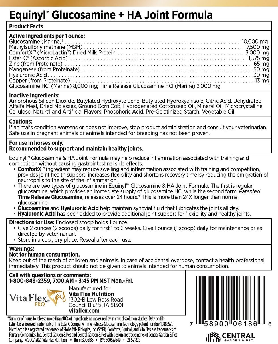 Vita Flex Pro Equinyl Glucosamine and Hyaluronic Acid Joint Formula Powder Horse Supplement， 3.75-lb bucket