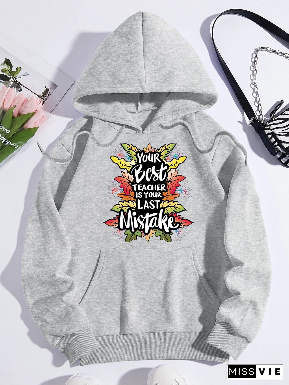 Printed on front Kangaroo Pocket Hoodie Long Sleeve for Women Pattern your best teacher is your last mistake