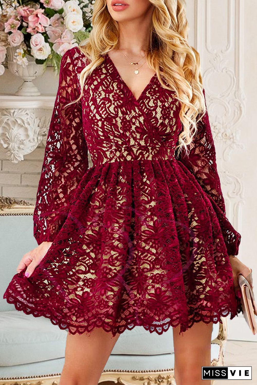 Wine Red V Neck Lace Skater Mini Dress