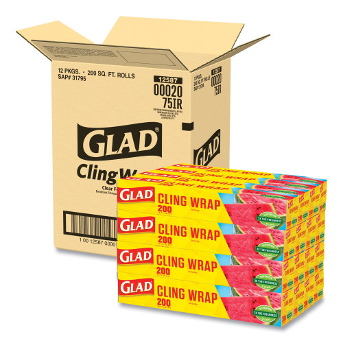 Glad ClingWrap Plastic Wrap， 200 Square Foot Roll， Clear， 12 Rolls/Carton (00020CT)