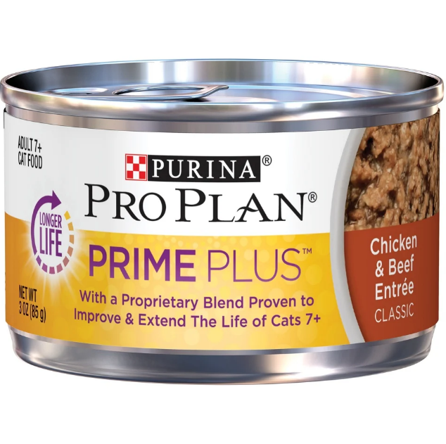 Purina Pro Plan Prime Plus Adult 7+ Chicken and Beef Entree Classic Canned Cat Food 3-oz case of 24