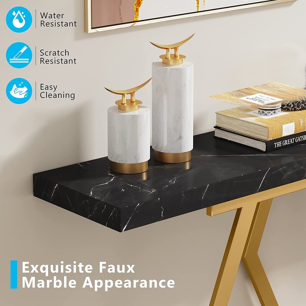 70.9 Inches Modern Console Table  Extra Long Sofa Table with Faux Marble Tabletop and Gold Base