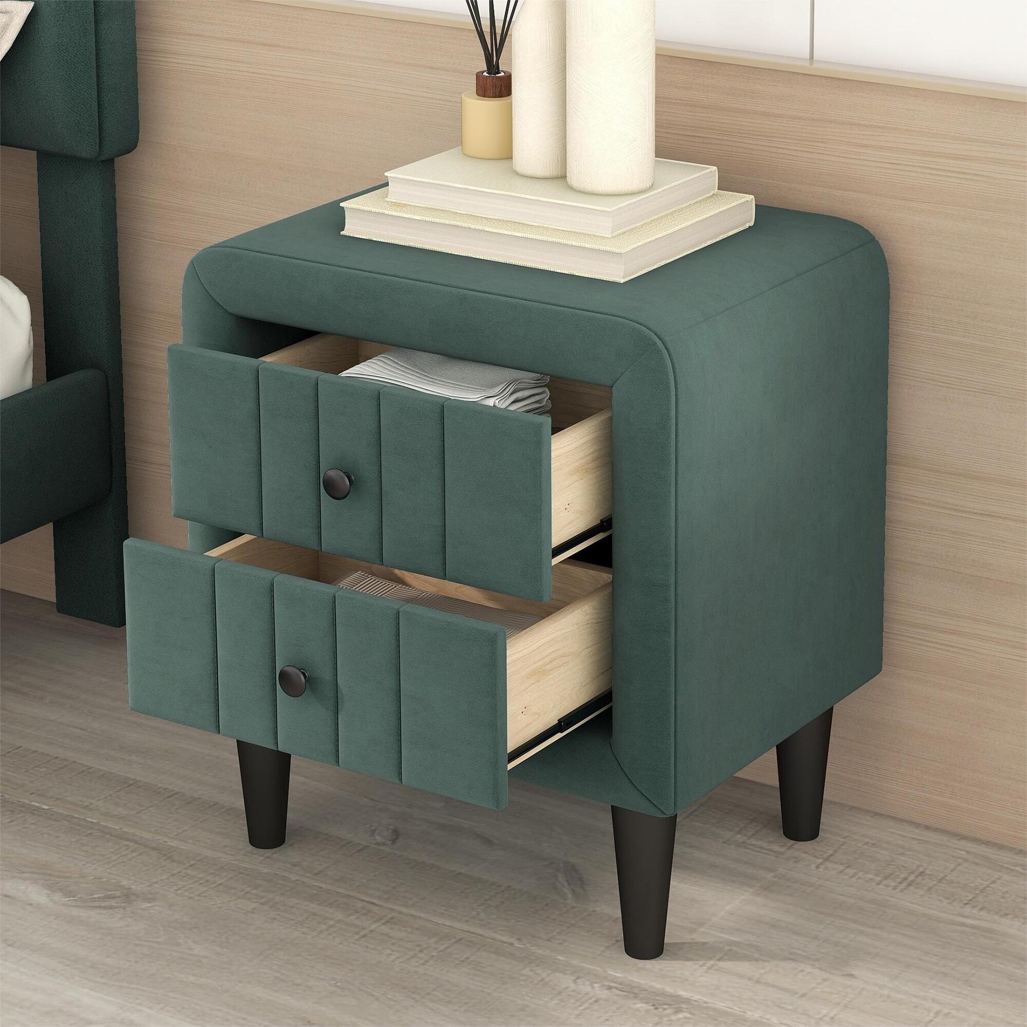 Modern Upholstered Wooden Nightstand with 2 Drawers， Velvet Bedside End Table with Knobs， Green - - 37970234