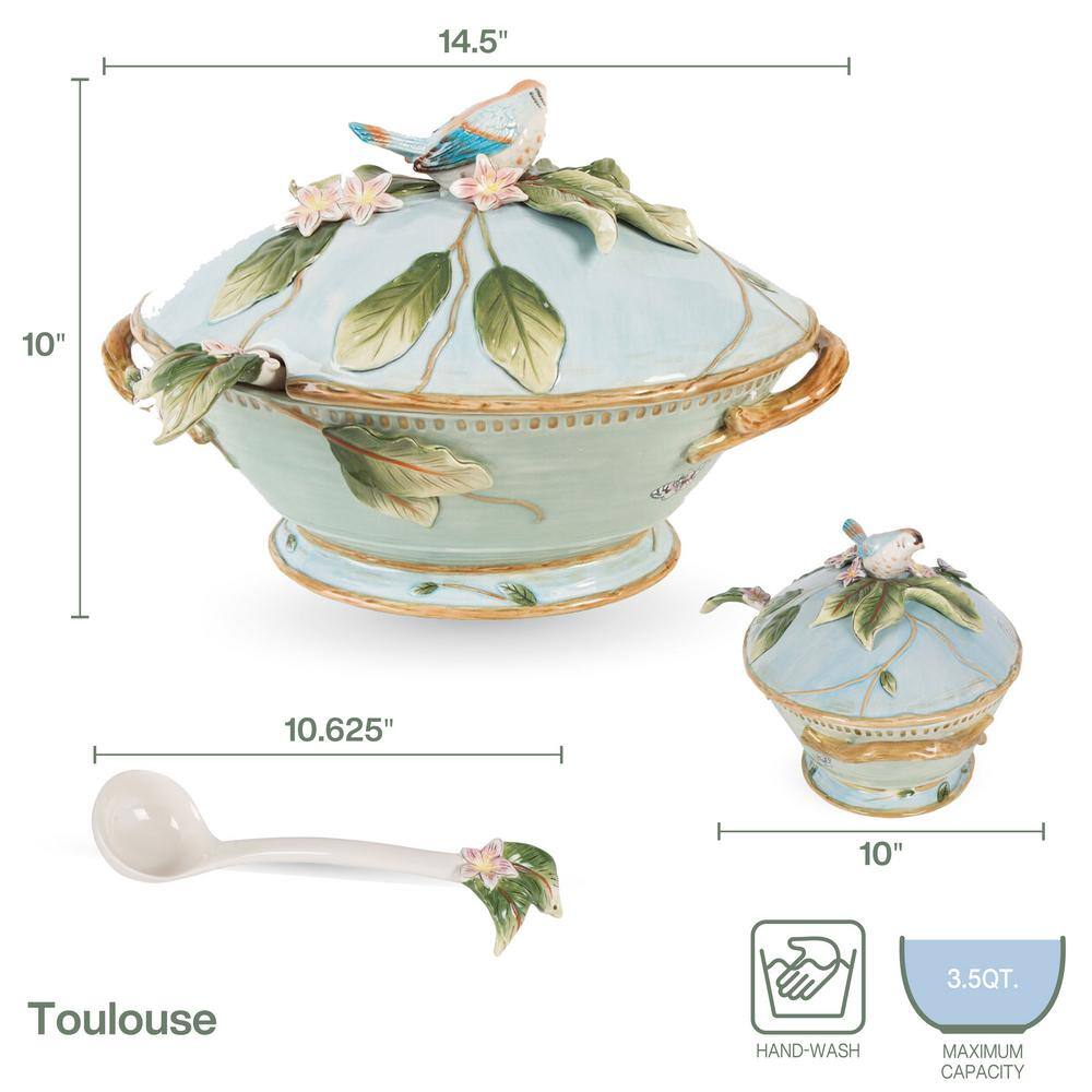 FITZ and FLOYD Toulouse 14.5 in. 112 fl.oz Blue Earthenware Soup Serving Bowl 2-Piece 5277841