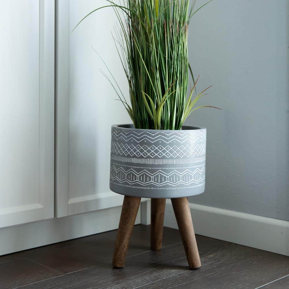 Flora Bunda 10 in. Gray Tribal Fiberglass Planter on Wood Stand CTF216E-LTGY