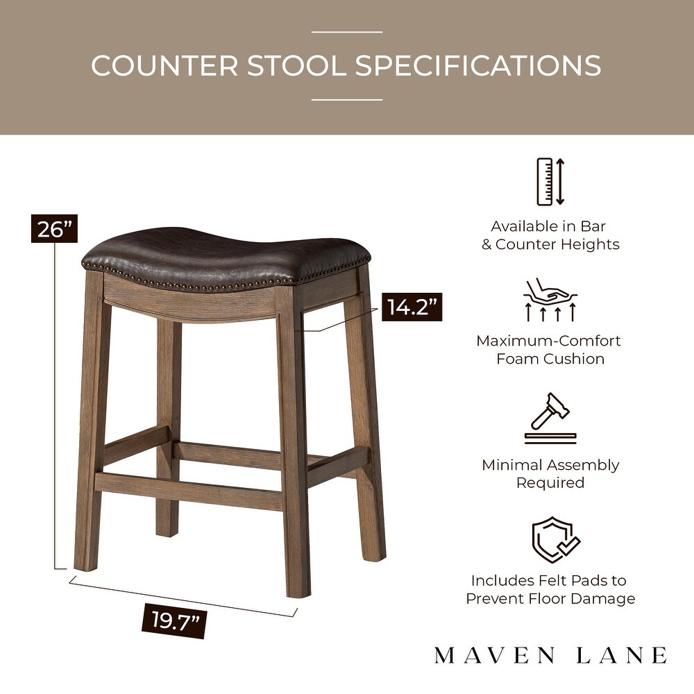 Maven Lane Adrien Saddle Counter Stool in Walnut Finish w/ Marksman Saddle Vegan Leather   Brown   Counter   26\