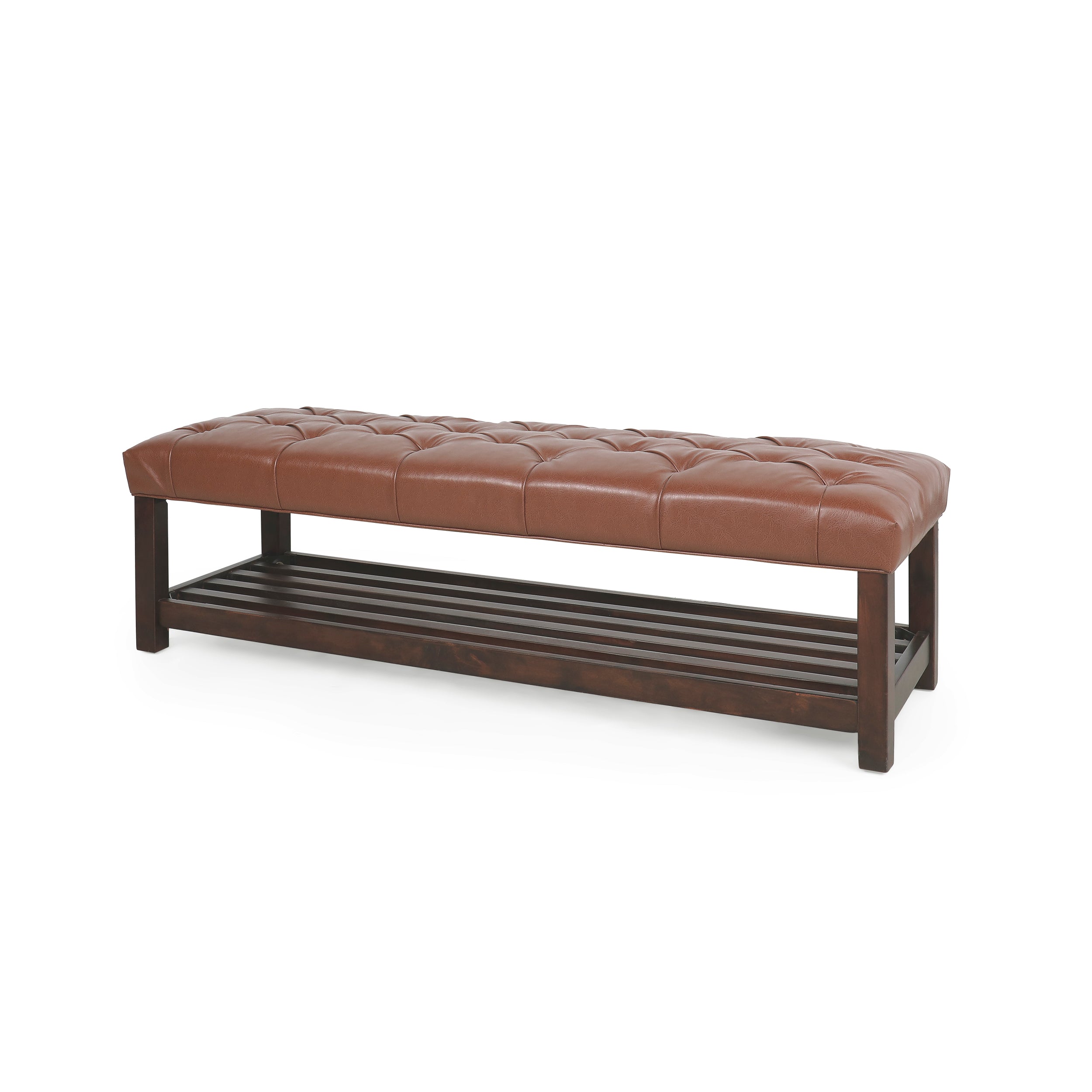 Pelon Contemporary Button Tufted Bench with Shelf