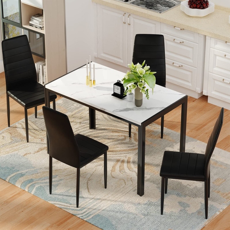 Mieres Modern Faux Marble 5 Pieces Kitchen Dining Set  Home Bar Dining Table Set with Upholstered PU Leather Chairs