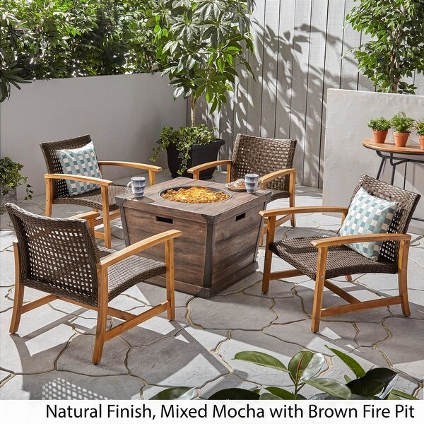 Hampton Outdoor Wood and Wicker Club Chair Set with Fire Pit by Christopher Knight Home