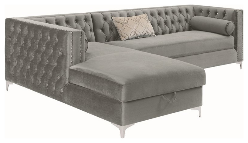 Coaster Bellaire Velvet Tufted Left Facing Storage Sectional in Silver   Midcentury   Sectional Sofas   by Homesquare  Houzz