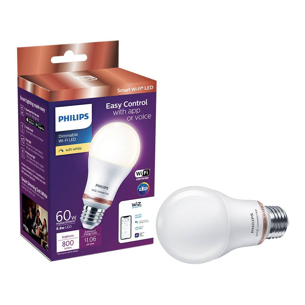 Philips Soft White A19 LED 60W Equivalent Dimmable Smart Wi-Fi Wiz Connected Wireless Light Bulb (1-Pack) 555474